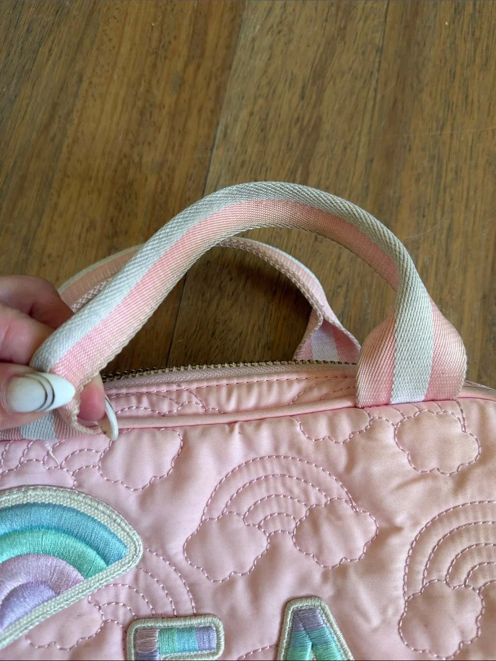 Stoney Clover Lane Pink Quilted Lunch Bag with Pastel Rainbow & Bunny